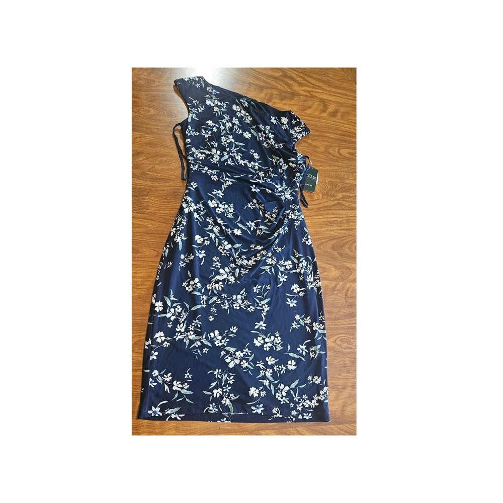 Lauren Ralph Lauren Floral One Shoulder Dress Sleeveless Navy Blue